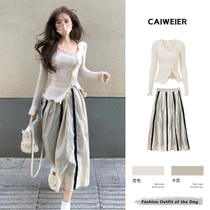 Early Spring Big Code Womens Dress 2022 New Autumn Light Cooked Wind Advanced Senses Salt Ensemble Wearing a Two-set Suit One-piece Dress