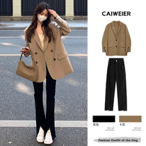 Early spring womens clothing 2022 New Fat mm Slim Superior Sense Small Fragrant Wind Jacket Salt Tie wearing a light and cooked two-piece suit