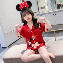 Childrens pajamas Girls Summer Ice Silk short sleeve thin suit Little girl Baby middle child Parent-child princess home dress