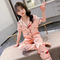 Girls  pajamas summer thin ice silk short-sleeved suit 2021 childrens new little girl cute air-conditioned home clothes