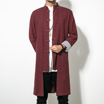 Spring and autumn Chinese style Tang suit youth long shirt Chinese Buddhist mens clothing Zen clothing Hanfu ancient style road robe coat