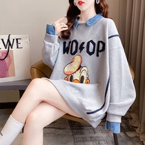 Sweater womens autumn and winter fake two lazy loose meat top denim stitching cartoon print foreign-style age jacket