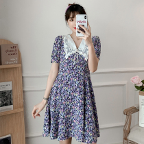  Fresh dress large size thin womens summer lace stitching doll collar gentle wind purple slim floral skirt