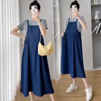 Pregnant Woman Skirt Summer New Temperament Harness Long Skirt Gestation Advanced Foreign Air Summer Clothing Denim Harness Dress
