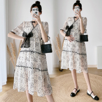 Pregnancy maternity dress New snow-spun butterfly knot lace V collar skirt Fashion temperament Summer can be laced with dress