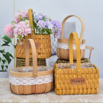 Wooden flower basket rattan portable basket pastoral home decoration ornaments storage basket flower arrangement creative multi-meat flower pot