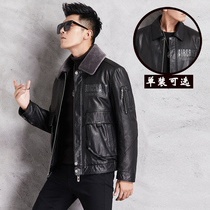New autumn and winter Haining real leather men take off down jacket first layer sheep skin short motorcycle leather jacket coat tide