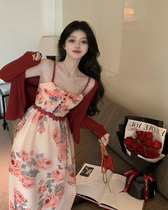Fat mm French style retro crummy floral harness with dress and dress female spring and summer new big code design feeling small and luxurious tea hysteria