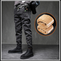 Add velvet padded jeans mens winter New Cotton Belt velvet pants loose straight tube handsome versatile casual trousers