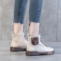 Tide brand leather high-top shoes womens 2021 autumn first layer cowhide flat casual board shoes single shoes lace-up slim short boots