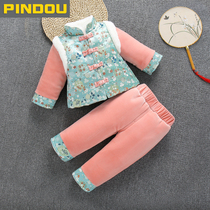 Female infant autumn and winter suit 0-1 year old baby newborn thickened cotton-padded jacket 1 year old plus velvet thickened festive Tang suit