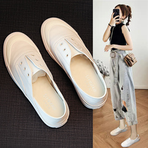 Tide brand leather white shoes womens 2021 spring new Korean version of a pedal lazy board shoes casual two flat shoes