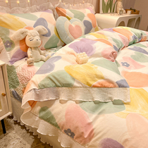 ins princess wind pure cotton bed with four pieces 100 full cotton net red bed pint bed cover naked bed linen bed linen quilt cover 4