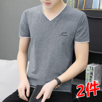 Mens V-neck short-sleeved T-shirt Tide brand ins trend loose base shirt clothes summer stretch breathable ice silk T-shirt
