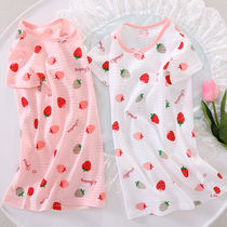 Girls  night dress Summer thin ice silk Childrens pure cotton short-sleeved home clothes Baby childrens pajamas girls skirt