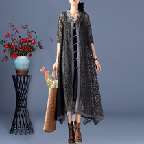 Long knitted cardigan womens spring and autumn outside the original literary womens clothing retro buckle ethnic style irregular long trench coat