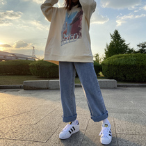 Big Code Straight Drum Jeans Female Autumn Fat sister mm High waist loose Thin Broadlegged Pants Salt Cool Girl wearing a hitch