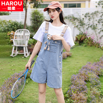  Denim strap shorts girls summer clothes 2021 new junior high school and high school students western style wide-leg pants thin suit