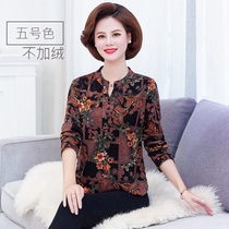 2021 new middle-aged and elderly womens autumn and winter fashion long-sleeved printed small shirt loose mother dress plus velvet T-shirt top