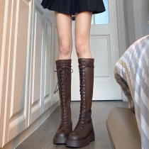 Brown Lacing Thick leg Long boot Female thick bottom Slim Large Barrel Surround Strap High Cylinder Rider Boots Stick Leg Fat Mm Long Barrel Boot