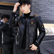 Motorcycle coat mens short spring and autumn winter Korean version of the trend handsome plus velvet leather clothes casual padded lapel jacket