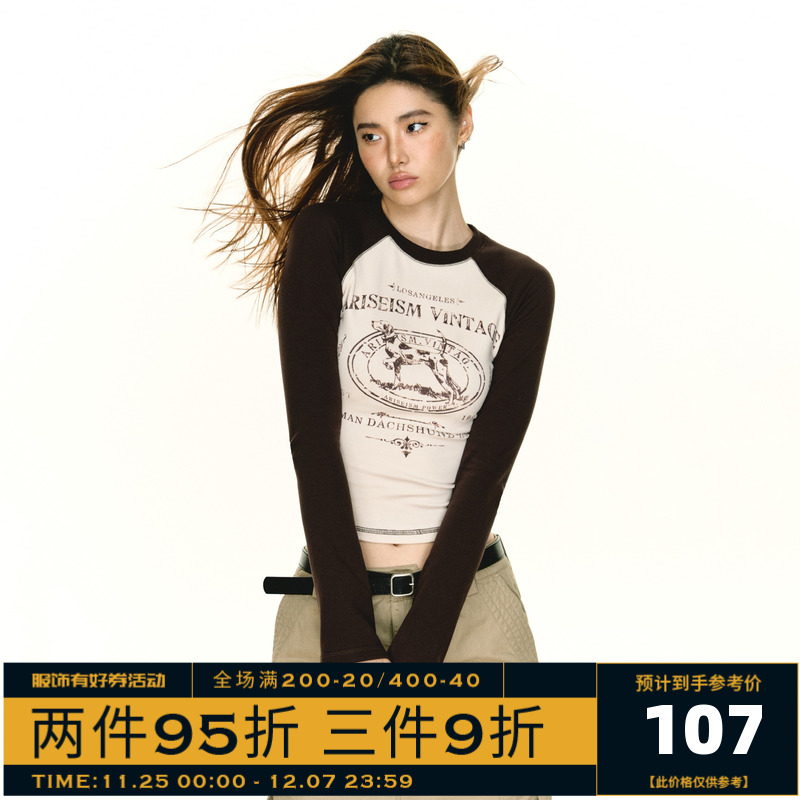 Ariseism American Retro Print Round Neck Long Sleeve T-shirt Women's 2023 Autumn New Raglan Sleeve Slim Fit Top