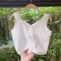 Girls camisole summer thin female baby white lace childrens cotton and linen top Childrens camisole shirt