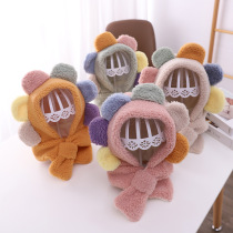 Childrens hat Autumn and winter warm thickened baotou hat ear protection scarf One-piece hat Cartoon sun flower baby hat female