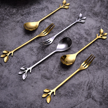 Net red creative stainless steel mixing spoon cute coffee spoon leaves dessert spoon fruit fork water Cup home seasoning spoon