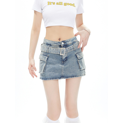 taobao agent Retro spring denim skirt, small design belt, shorts, pleated skirt, American style, hip-accented