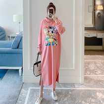 New Gestational Woman Dress Fashion Cartoon Pure Cotton Sweater 2020 Autumn Winter Tide Mother With Cap Loose Korean Version Dress