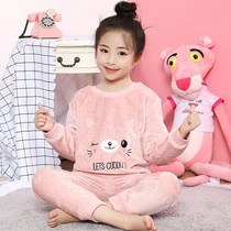 Childrens pajamas girls autumn and winter thickened flannel girls coral velvet plus velvet children cartoon home clothes