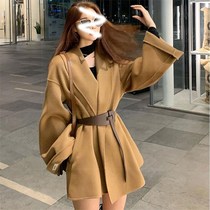 Double-sided cashmere woolen coat womens coat 2021 new high-end retro belt small woolen coat