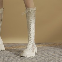 White hollowed-out long boot female 2022 Summer slim however knee-high cylinder Martin boots Inn wind mesh yarn coarse heel cool boots