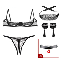 Sexy lingerie show bra Transparent nipples Bikini Sexy three-point lace-up chest thong bra set