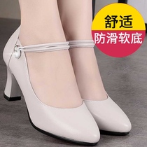 Mom shoes single shoes high-heeled leather summer womens shoes medium-heeled new middle-aged spring and summer word buckle high-heeled leather shoes