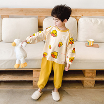 Little yellow duck childrens pajamas spring and autumn cotton thin boy cartoon autumn super cute split boy baby home clothes