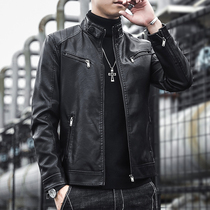 Leather mens jacket locomotive spring and autumn Korean version of the trend Handsome Mens slim stand collar leather tooling leather jacket tide