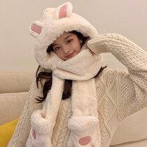 Scarf female cute furry foreign-class winter Joker warm hat scarf two-in-one student thickened
