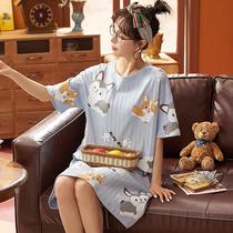Striped cartoon night dress female summer 2021 new student fresh mid-length skirt Korean version can be worn outside pajamas female home clothes