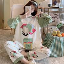 Pure cotton Japanese pajamas womens spring and autumn long-sleeved sweet and cute cartoon princess plus fat plus size loose casual home clothes