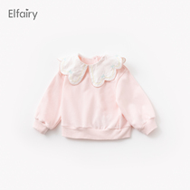 Elfairy child necropsy girl spring loaded petal collar infant blouses female baby T-shirt long sleeve cute powder tie