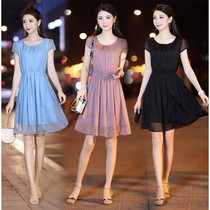  Trendy thin mid-length waist Han Xue ladys version of the new dress summer temperament short-sleeved fashion female 2021 spinning