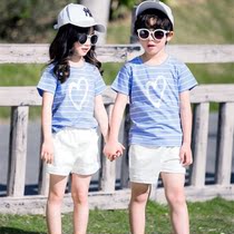 Beach parent-child dress 2021 summer dress a family of four three net red mother and daughter Blue striped T-shirt set