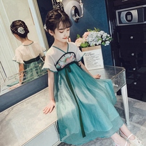 Girls Hanfu Dress Summer Chinese Style 2021 New Children Girls Cheongsam Summer Dress Western Style Princess Skirt