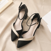 Baotou Sandals Womens 2021 New Summer Joker Black Leather Pointed Button Thick Fashion Hollow Single Shoes