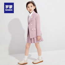 Romon girl suit suit 2021 New Girl foreign style red plaid pleated skirt childrens small suit three-piece
