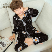 Childrens pajamas gold velvet spring and autumn and winter mens and womens long-sleeved trousers cardigan Medium and large childrens thin home clothes set