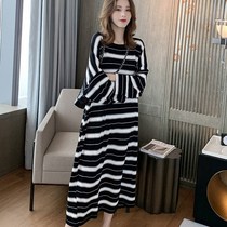 Fat mm Autumn New Korean medium long knitted striped dress lazy Platycodon grandiflorum skirt loose slim long skirt