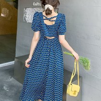 Cherry floral dress female autumn 2021 new sexy backless waist waist waist temperament Medium-length dress